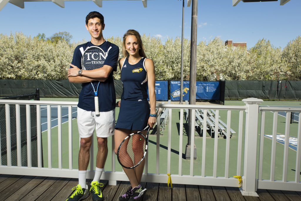 The Buchbinders, both chemistry majors, inherited their dad’s love of tennis, but plan to follow in mom’s footsteps and become dentists. Photos by Matt Furman.